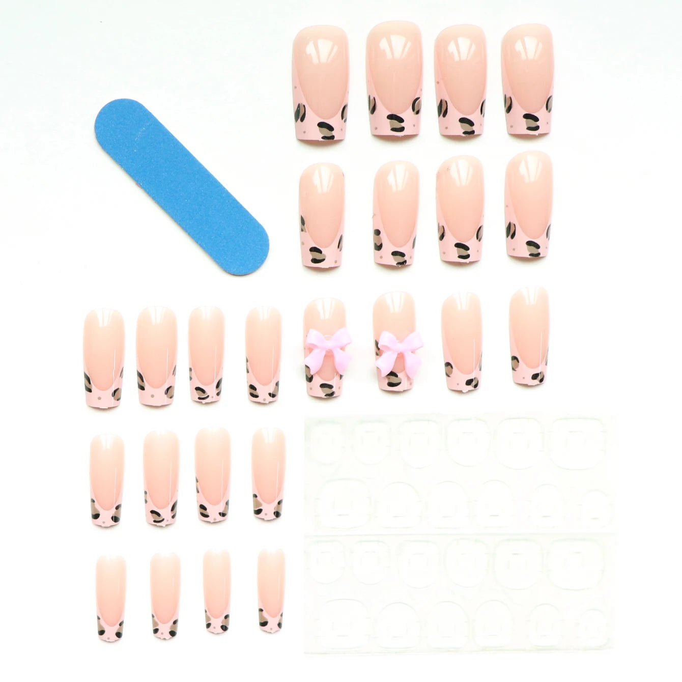 24pcs Upgrade Your Look With Pink leopard print bow full coverage false nail set 1pc Nail File & 1Nail Glue Sticker Kit Nails