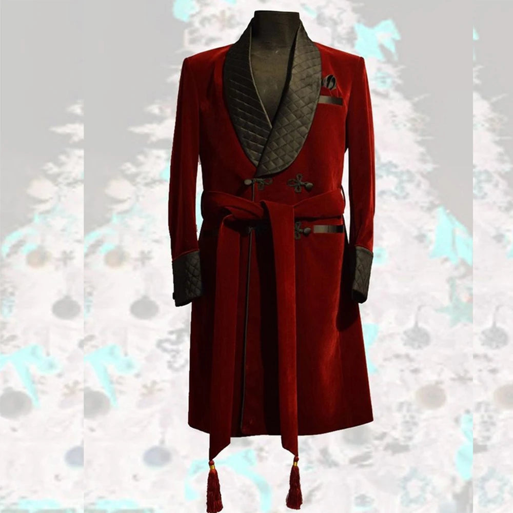 Smoking Men Suits Burgundy Velvet Long Blazer Black Shawl Lapel Coat Formal Elegant 1 Piece Jacket Costume Homme Male Clothing