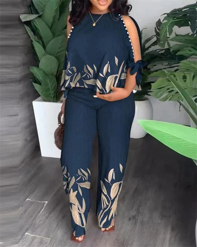 Two Piece Sets Women Outifit Beaded O-Neck Split Sleeve Top & Casual High Waist Straight Leg Pants Set 2023 Summer New Fashion
