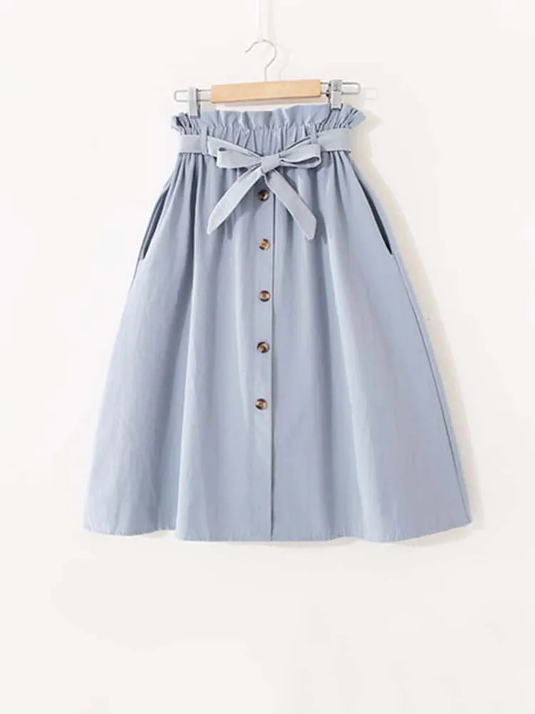 Women Summer Midi Skirt Girls Elegant Solid High Waist Spring Casual Single-Breasted Sashes Office Ladies A-Line Cotton Skirt