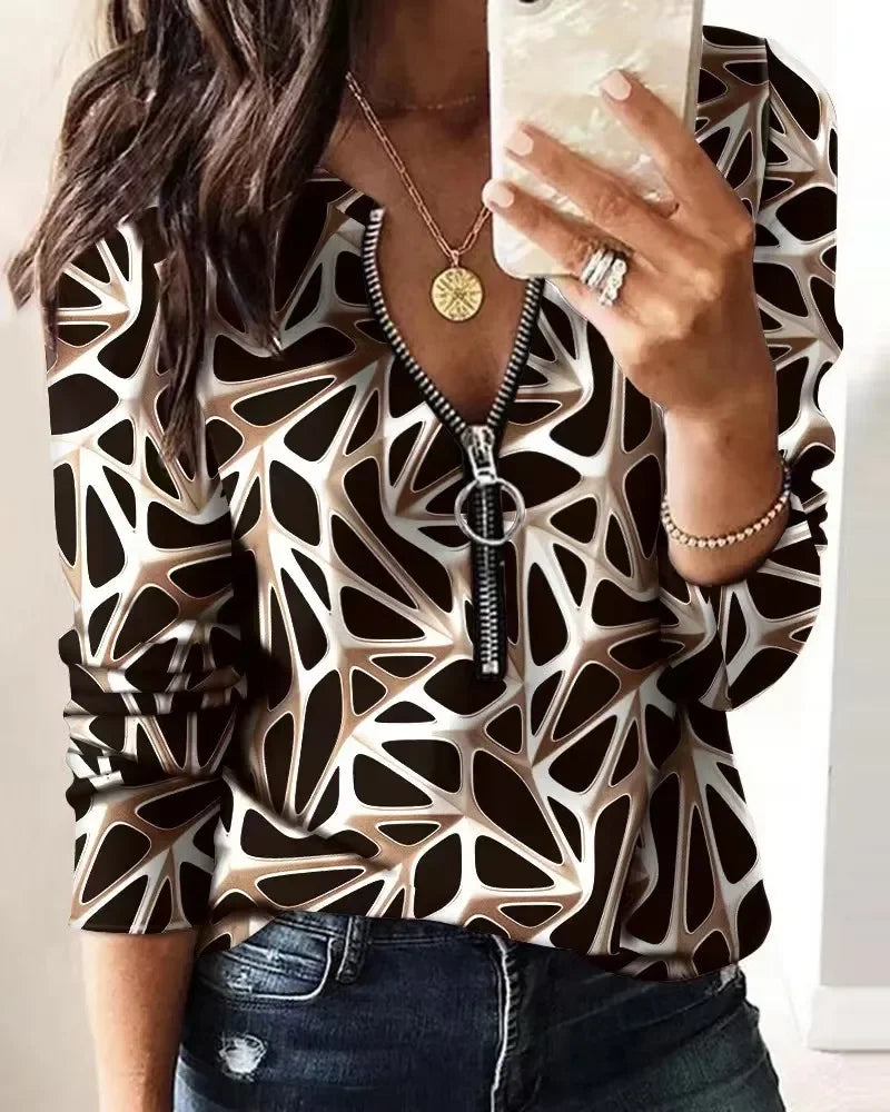Women V Neck Fashion Casual Pullover Striped Print Zipper Front Long Sleeve Top Tops