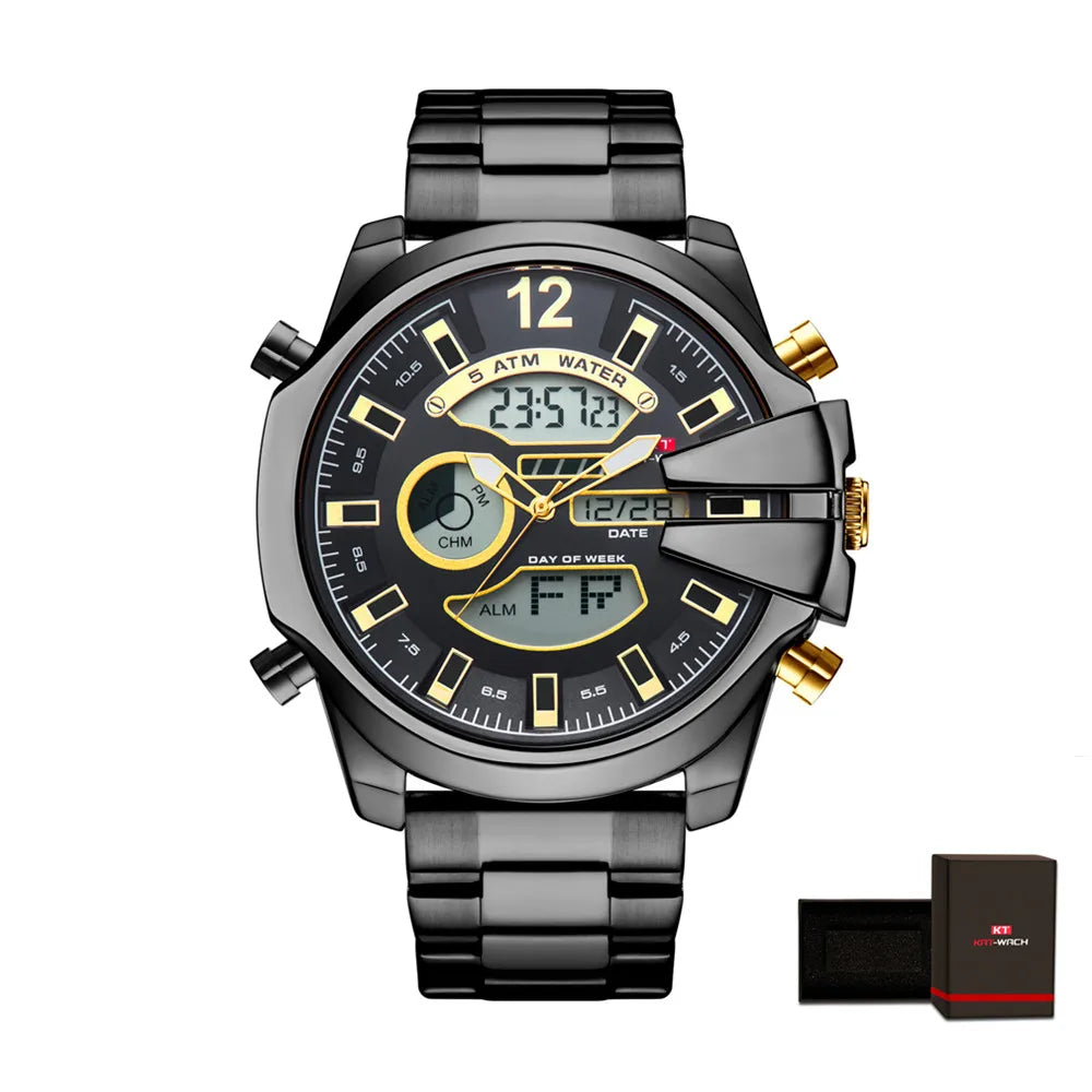 KAT-WACH Men Big Dial Wrist Watches Gold Top Brand Luxury Male Clock 2024 Gold Black Quartz Dual Display Chronograph Dropship