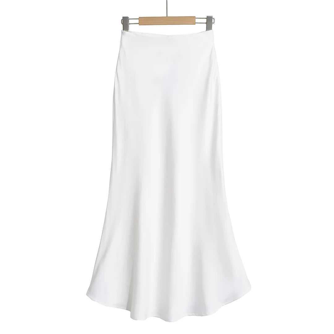 Elegant Satin Midi Slip Skirt with Side Zipper – Smooth & Flowing Fit for Versatile Styling