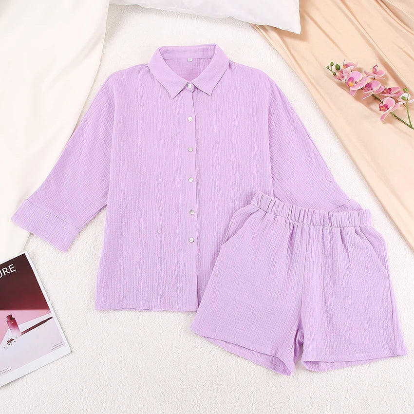Cotton Pajamas For Women Sets Suit Casual Sleepwear Turn-Down Collar Nine Quarter Sleeve Sleep Tops Shorts Female Homewear 2023