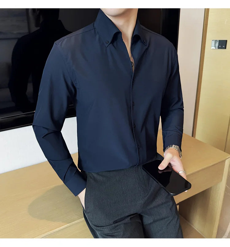 Men Dress Shirt Autumn British Style Solid Casual Slim Fit Formal Camisas V-neck Long Sleeves Shirt Streetwear Men Clothing