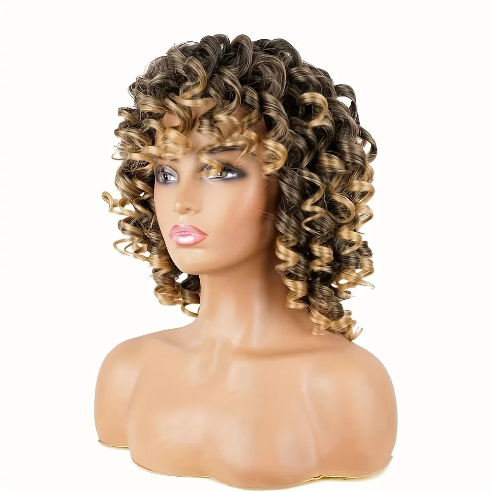 Kort krøllete parykk med lugg, myk afro kinky krøllete syntetisk parykk for svarte kvinner, daglig bruk, cosplay, fest