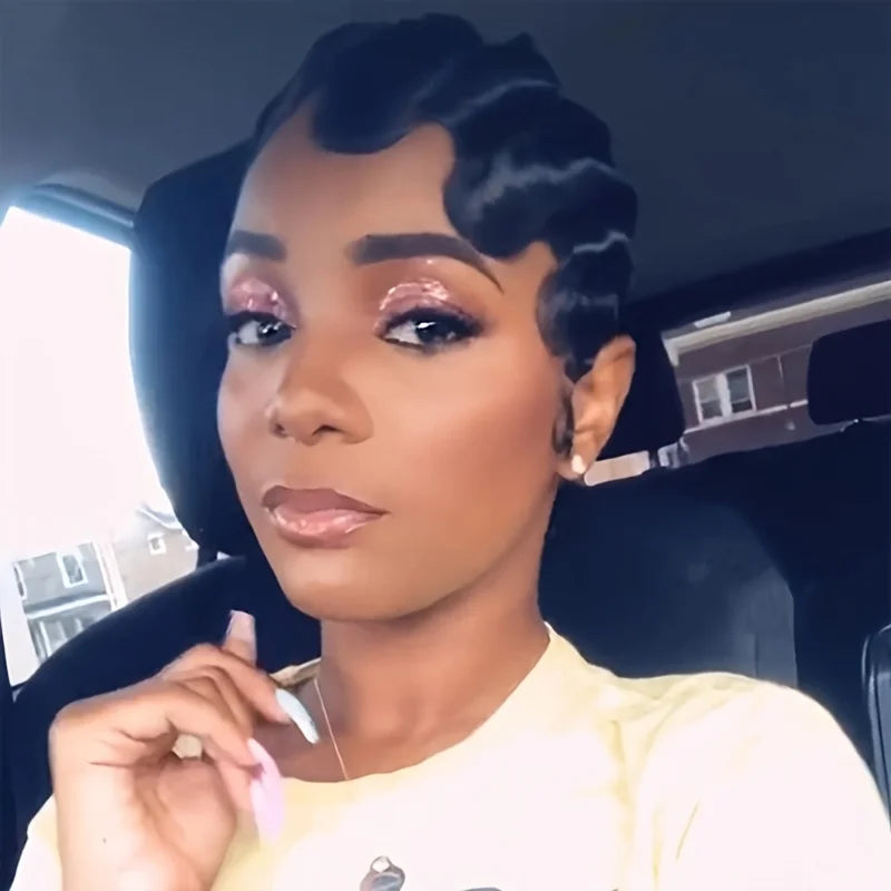 4inch daily party use hair 150% density pixie short finger wave natural black color machine made human hair wigs for women