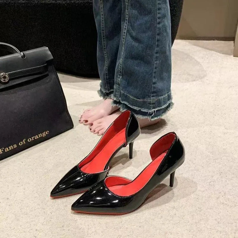 Elegant Hollow Women's High Heels 2025 Luxury Brand Black Pointed Toe Pumps Red Shiny Bottoms Sexy Fashion Ladies Shoes Women