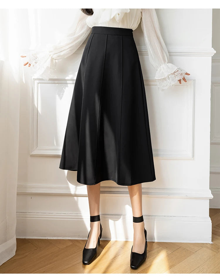 Women's Skirt Spring Women High Waist Solid Vintage Girl's Waist Down Skirt Knee-length A-line Fashion Thin Skirt for Women