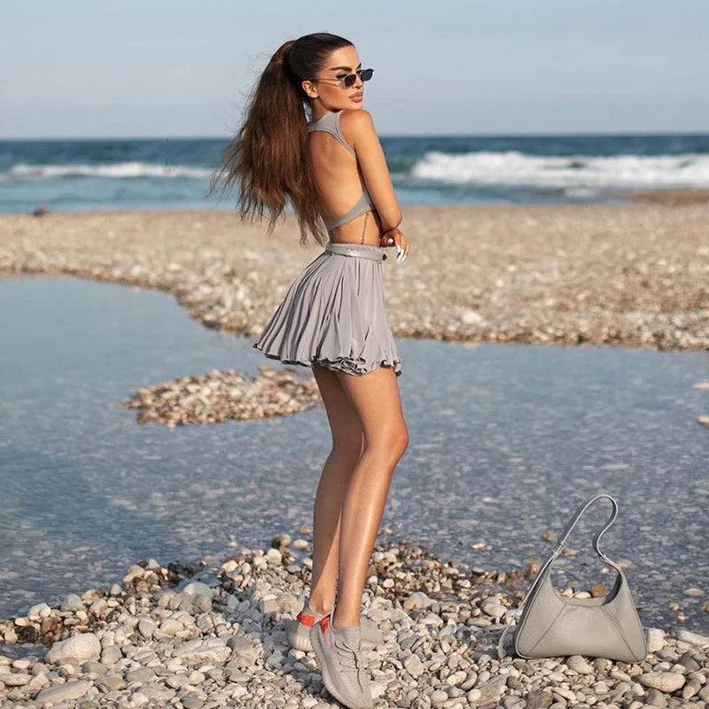 Pink Pleat Skirt Set Women Sexy Backless Tank Top and Mini Skirt Outfits Summer Elegant Solid Basic Casual Two Piece Set 2024