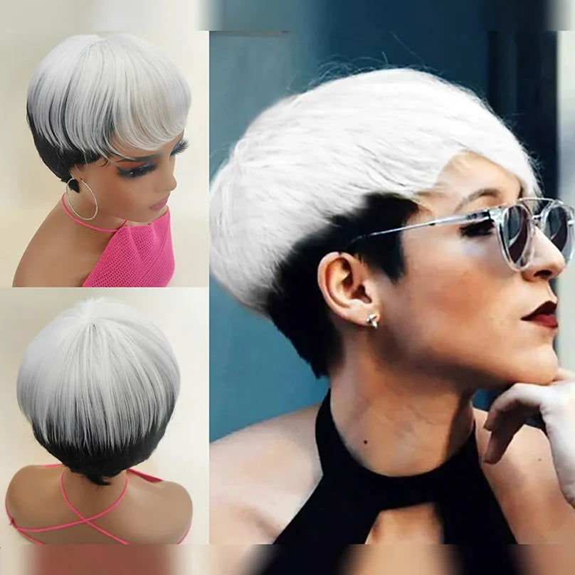 Short Natural Wave Pixie Gray New Comfortable African American Wig Capless Synthetic Hair Wig Women's All Grey / For Black Women