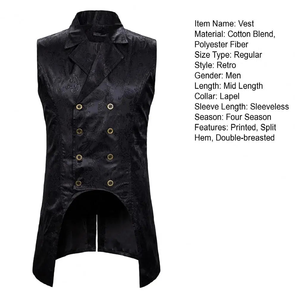 Men Vest Retro Sleeveless Slim Fit Mid Length Vest Lapel Double-breasted Split Hem Loyal Gentlemen Medieval Waistcoat