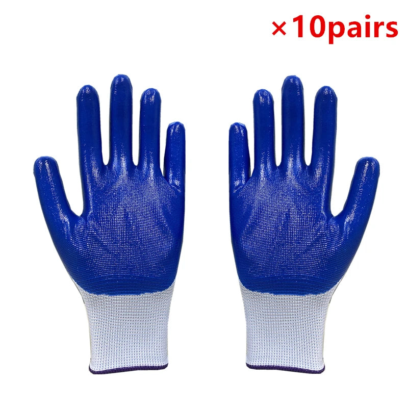 10 pairs of work gloves (made of blue nylon material, with polyurethane coating) 20 pairs of industrial protective gloves