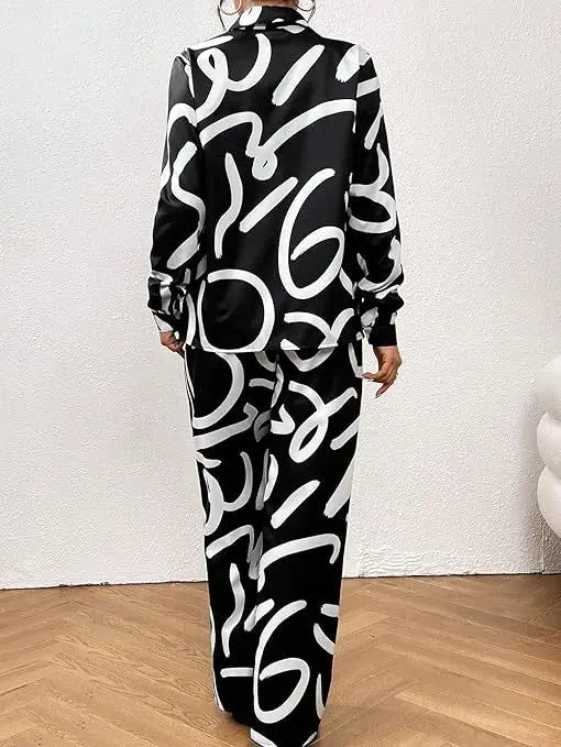 Women Clothing  Autumn New Fashion Print Set Casual Button Collar Shirt Long Sleeved Wide Leg Pants Long Pants Two-piece Set
