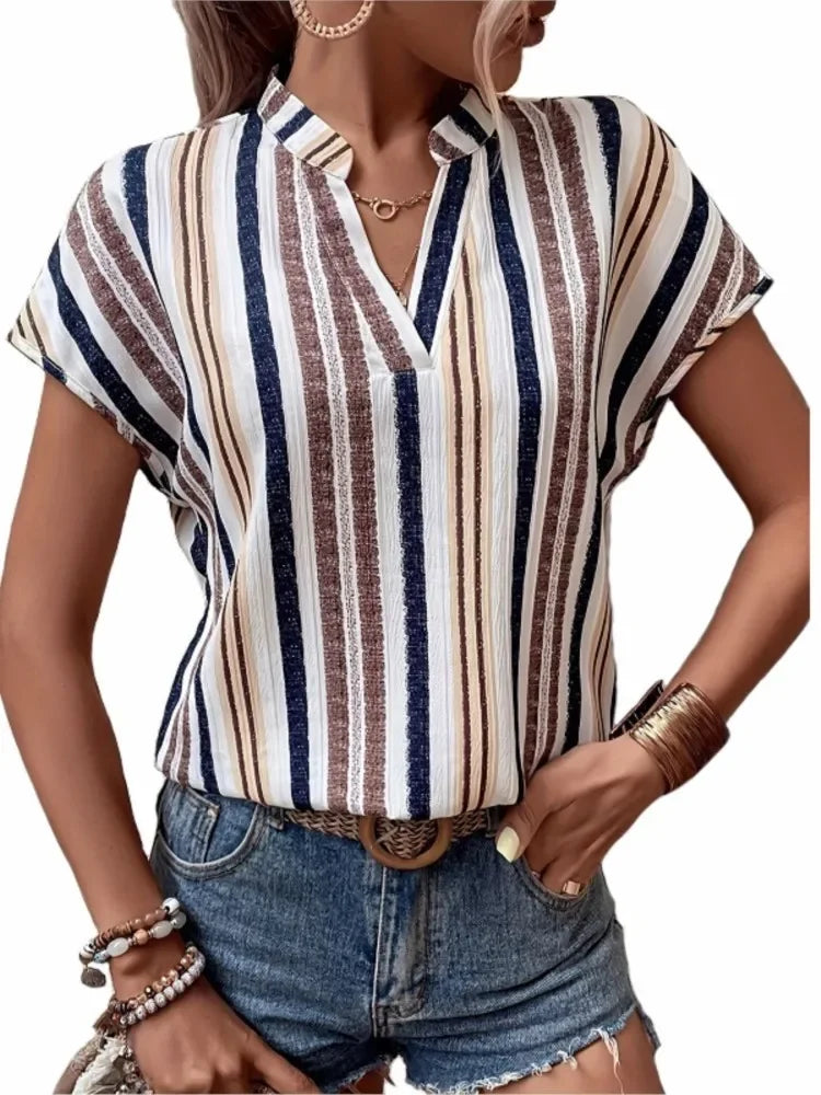Women's Tops Blouses New Summer Casual Fashion Striped Print V-neck Short Sleeve Shirt Elegant Women Shirts Tops Streetwear