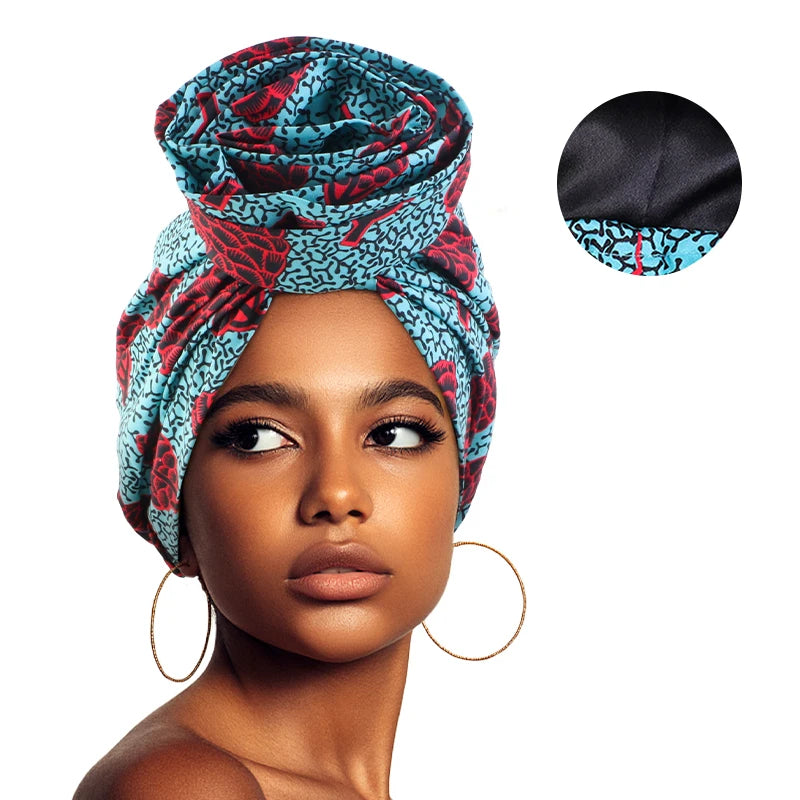 Woman African Satin Lined Turban Cap Big Flower Hat Floral Printed Headwrap Bonnet Muslim Headscarf Ladies Beanies