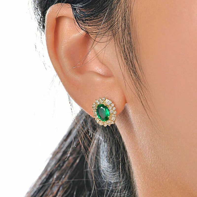 Huitan Oval Green Cubic Zircon Earrings for Women New Trendy Temperament Female Ear Accessories Party Luxury Jewelry Fancy Gift