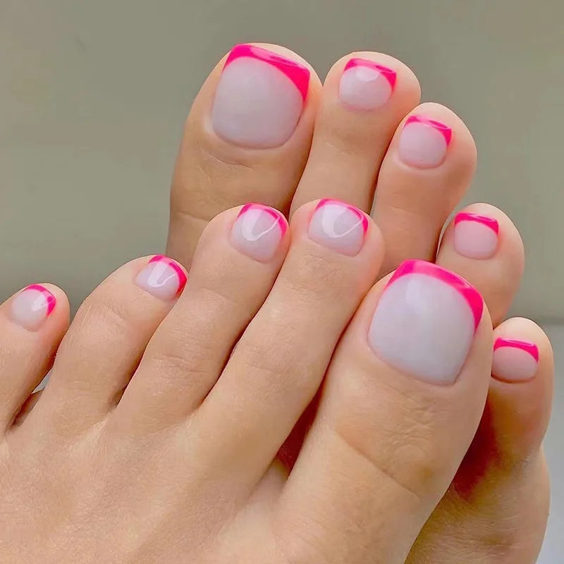 Flowers White French Artificial Toenails Nude Pink Toe False Nails with Glue Wearable Short Flat Shape Fake Toenails Wholesale