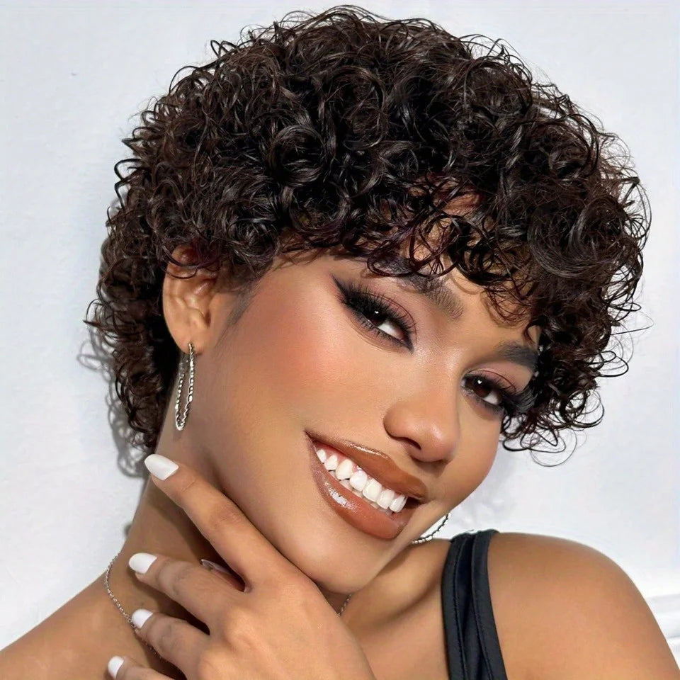 Peluca corta rizada kinky, pelucas de cabello humano, peluca afro rizada con corte pixie y flequillo, peluca brasileña marrón hecha a máquina, color degradado Rebecca