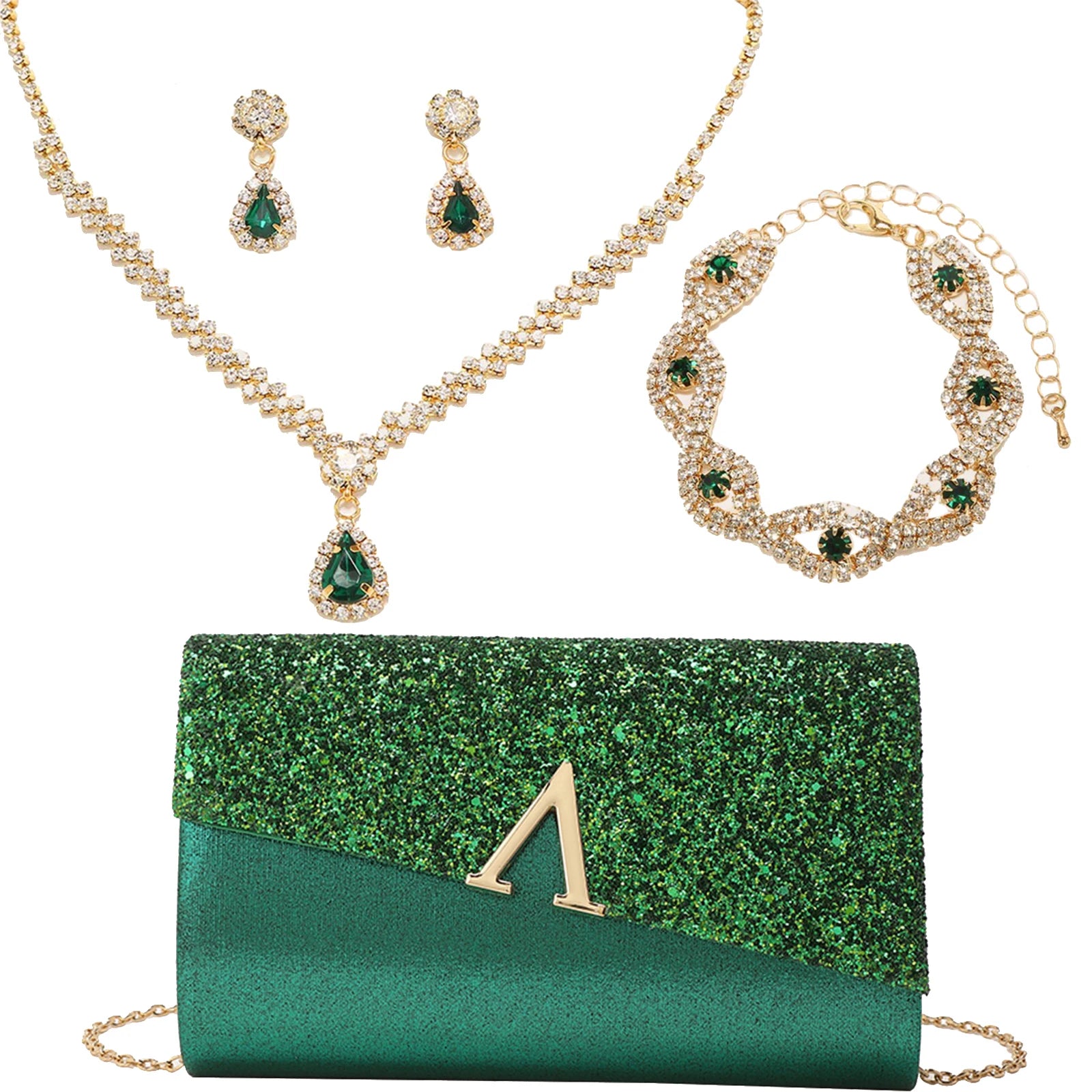 Evening Banquet Handbag Women Elegant Sparkly Flap Clutch Bag With Necklace, Earrings ,Bracelet 4Pcs Set Shoulder Wedding Purse