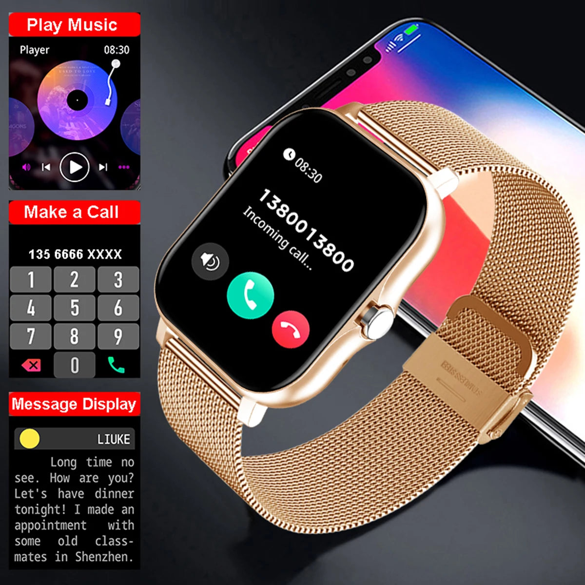 Reloj inteligente impermeable de 1.83'' con respuesta a mensajes, llamadas, monitoreo del sueño, podómetro deportivo y alertas de información para iPhone y Android