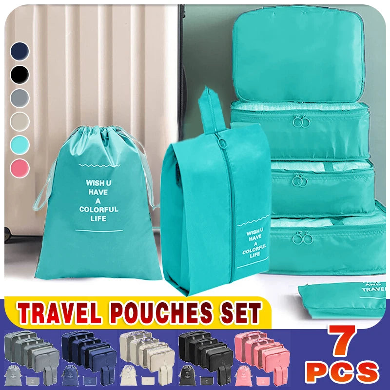 7PCS Travel Packing Cubes Luggage Pouches Organiser Clothes Suitcase Storage Bag