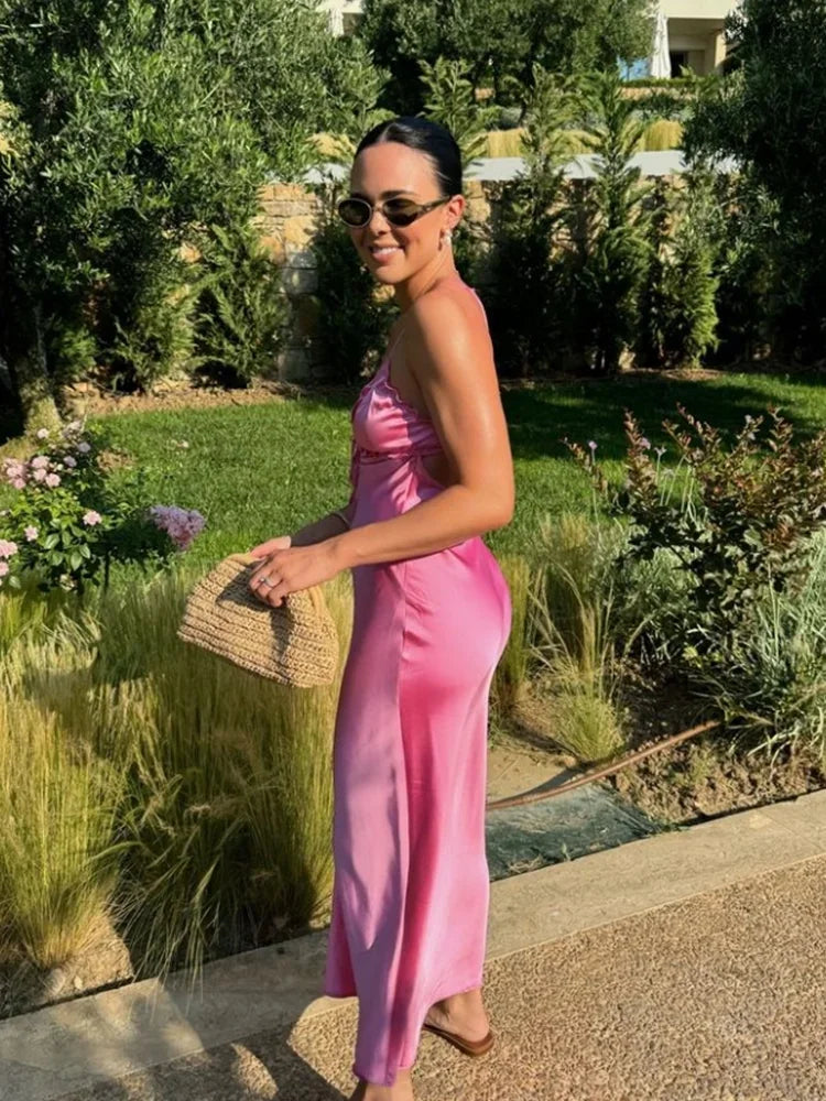 women's clothing summer new beach style fashion temperament elegant satin texture ruffled sling midi dress 3573/331