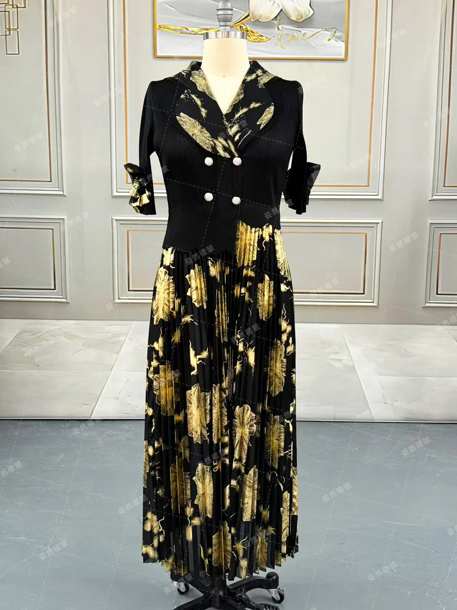 Luxury Women Chic Evening Dresses Formal Ball Gowns Elegant Party Miyake Pleated Long Sleeve Dress Female Plus Size Clothes