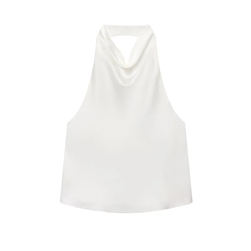 MUJER Halter Tops for Women Black Satin Backless Top Female Pink Summer Beach Top Woman off Shoulder Camisole Top Women
