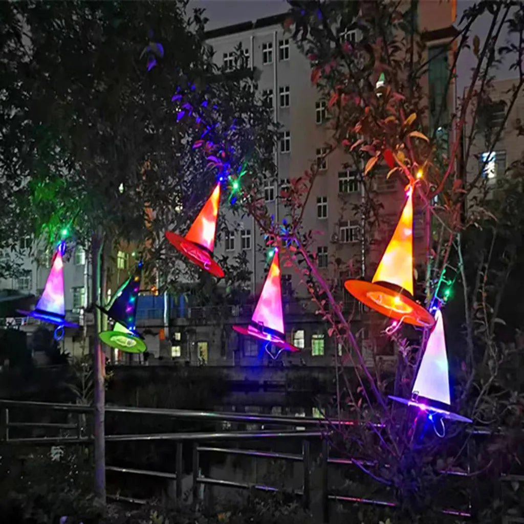 Halloween Decoration Glowing Hat Outdoor Hanging Lighted Glowing Witch Hat Lights String Battery Outdoor Yard Tree Decorations