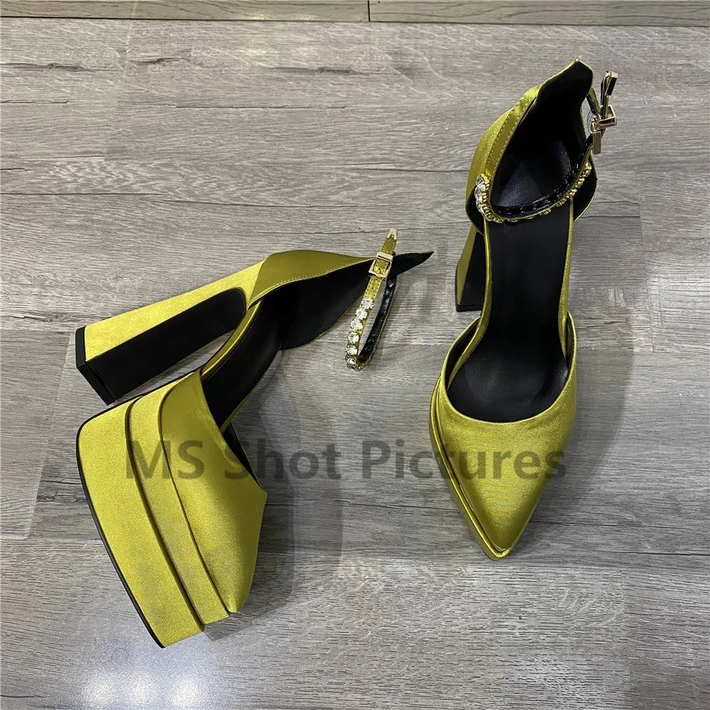 Luxury Women High Heel Shoes Platform Sandals Pointed Toe Woman Silk Pumps Sexy Rhinestone Buckle Chunky Heel Wedding Shoes 2024