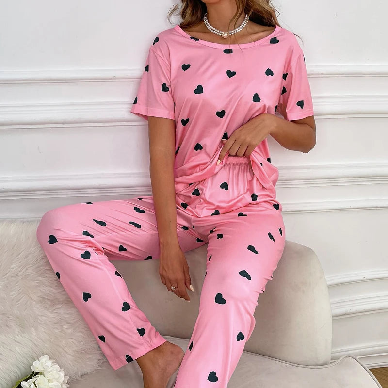 Women's Pajamas Set Soft Comfortable Letter Print T-Shirt & Plaid Long Pants Sleepwear 2 Pieces Home Clothes Loungewear Pyjama