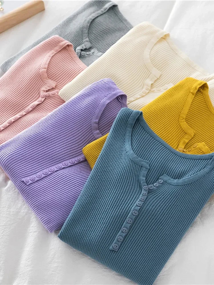 Korea Autumn Winter Button V Neck Sweater Women Basic Slim Pullover Women Sweaters And Pullovers Knit Jumper Soft Warm Tops