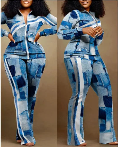Two Piece Set Women Outfit Autumn Fashion Geometric Print Stand Collar Long Sleeve Zip Up Top & Casual Sporty Pants Set