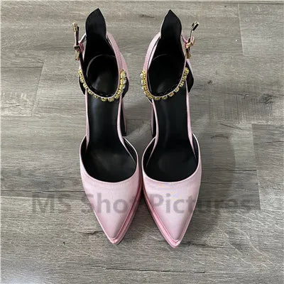 Luxury Women High Heel Shoes Platform Sandals Pointed Toe Woman Silk Pumps Sexy Rhinestone Buckle Chunky Heel Wedding Shoes 2024