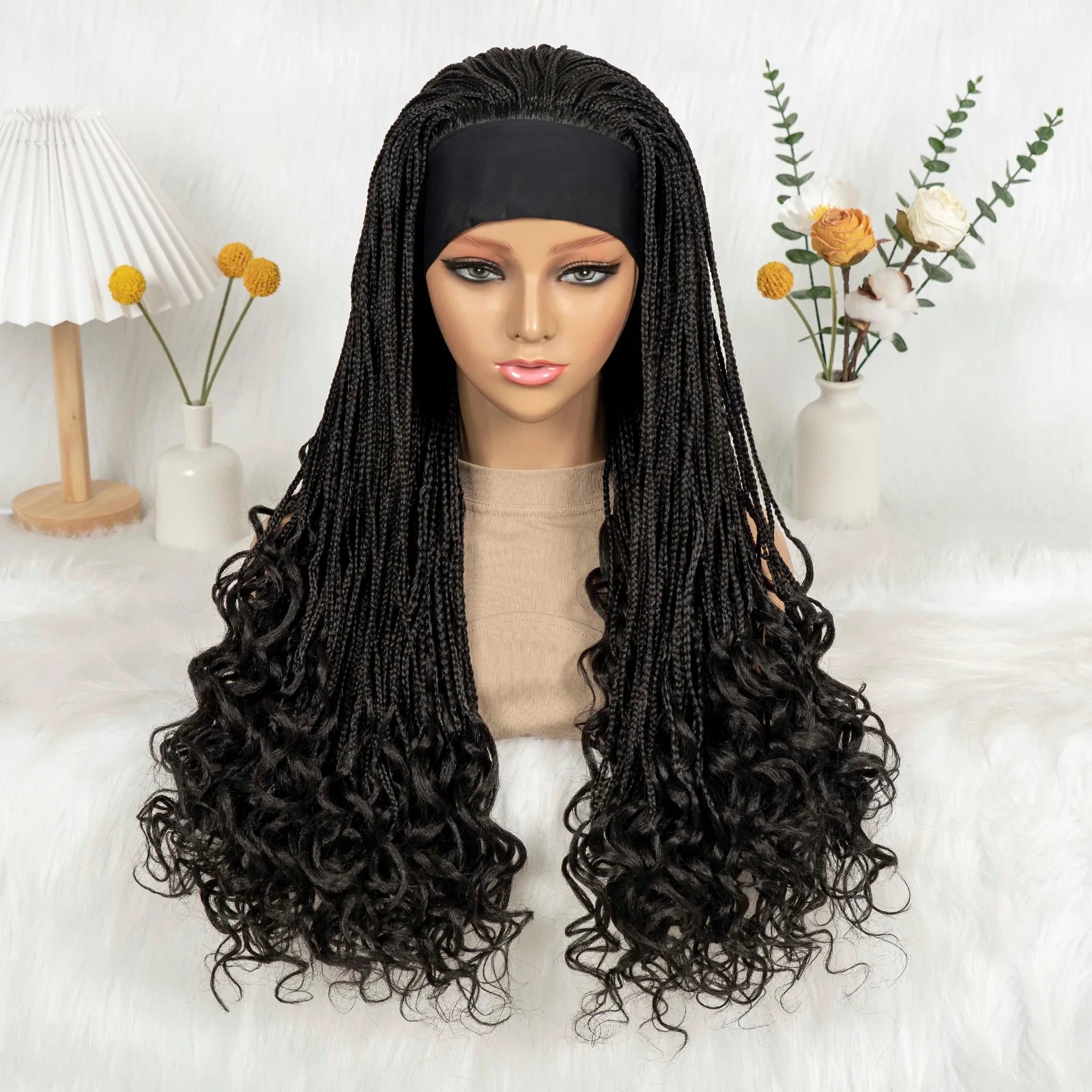 Silk Headband Wig Braided Wigs with Curly Ends Headband Wigs Knotless Braided Wig Easy to Wear for Black Women
