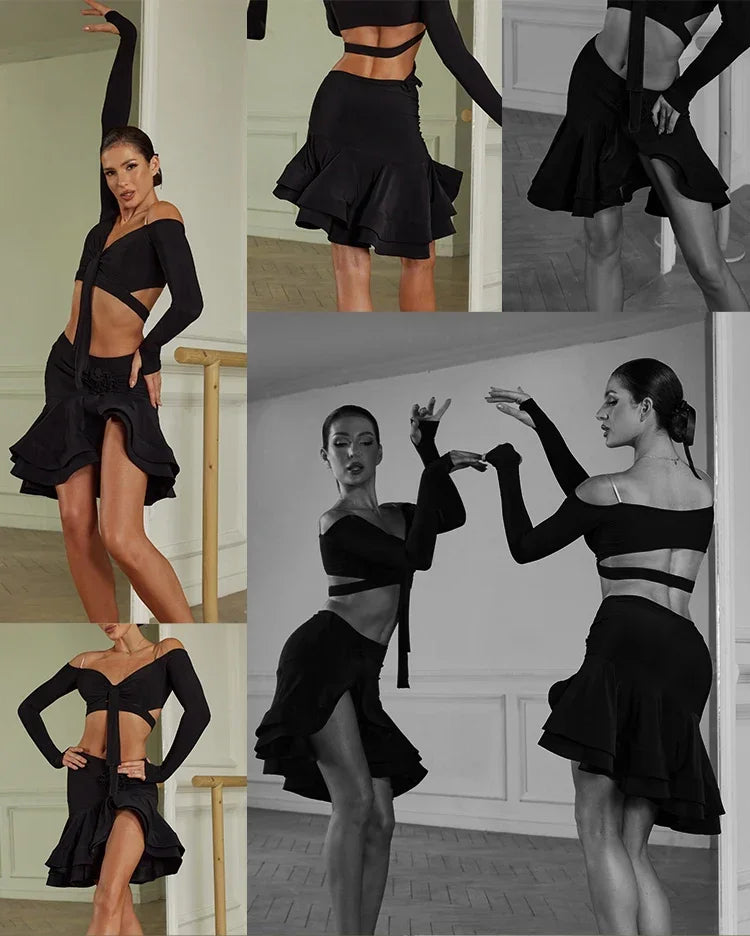 Sexy Off Shoulder Latin Top Ruffled Skirts Latin Dance Costume Stage Performance Clothes Samba Tango Dance Wear Set for Women