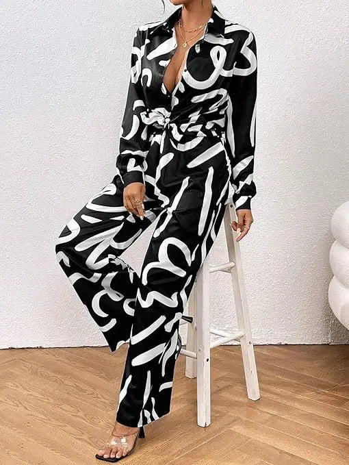 Women Clothing  Autumn New Fashion Print Set Casual Button Collar Shirt Long Sleeved Wide Leg Pants Long Pants Two-piece Set