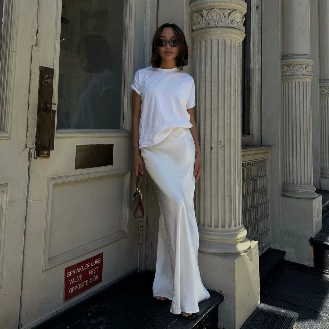Elegant Satin Midi Slip Skirt with Side Zipper – Smooth & Flowing Fit for Versatile Styling