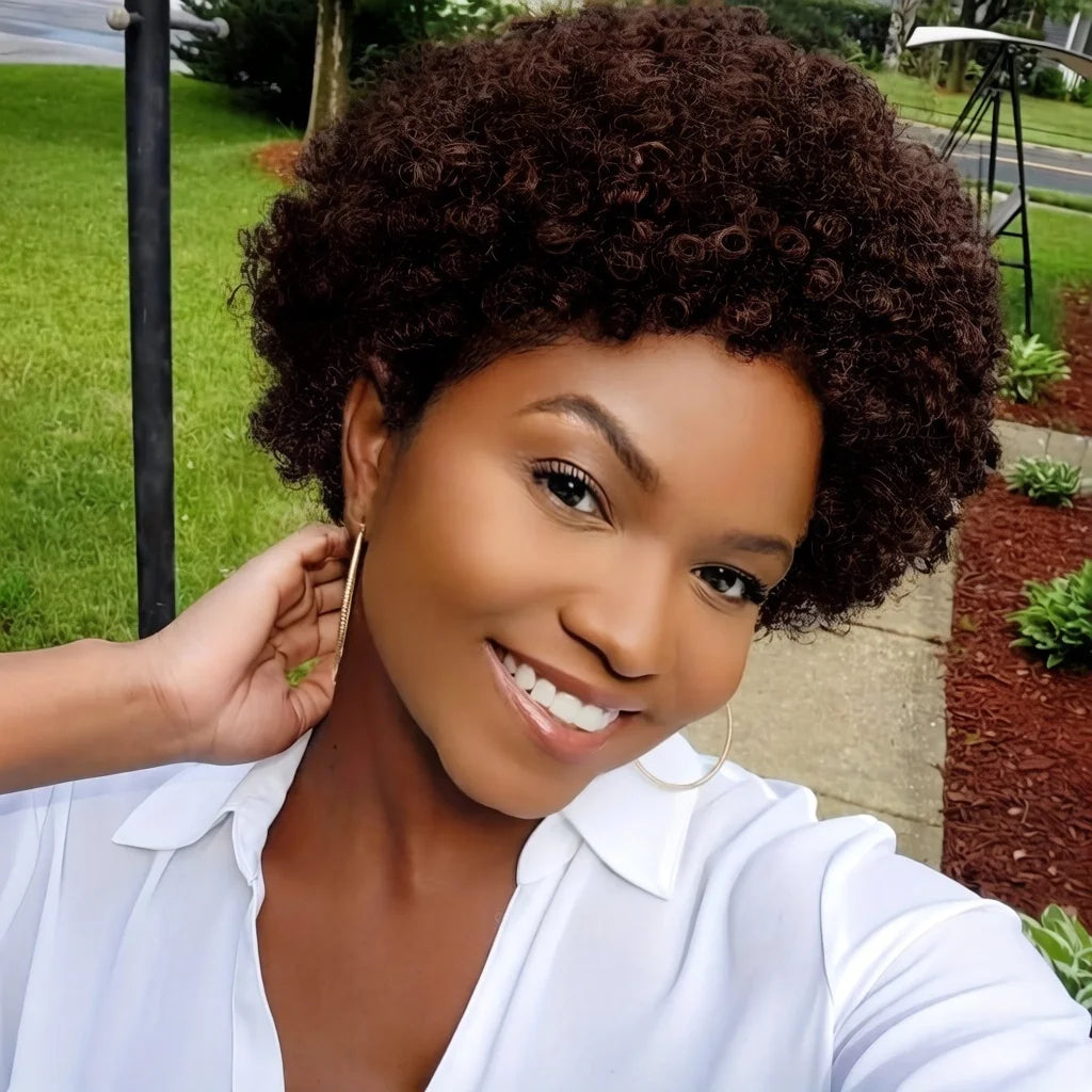 Brazilian Short Afro Human Hair Wig With Tiny Coil Curls Soft Wig Cap For Women Daily Full Machine Made Wigs