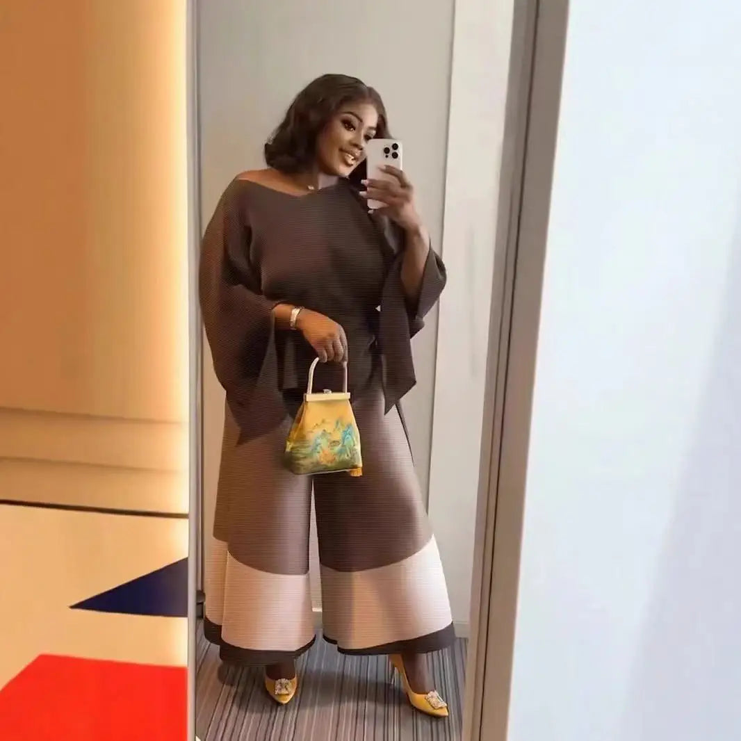 Women's Fashion Two-Piece Set for Spring Loose Irregular Pleated Patchwork Belted Top with Wide-Leg Pants Miyake 2024