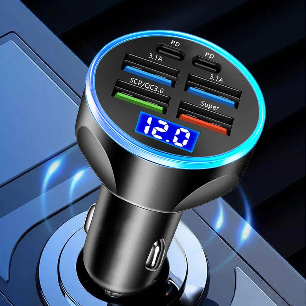 Cargador de coche PD de 250 W, carga rápida QC3.0, seis enchufes para encendedor de cigarrillos, cargador de coche de carga rápida con pantalla digital