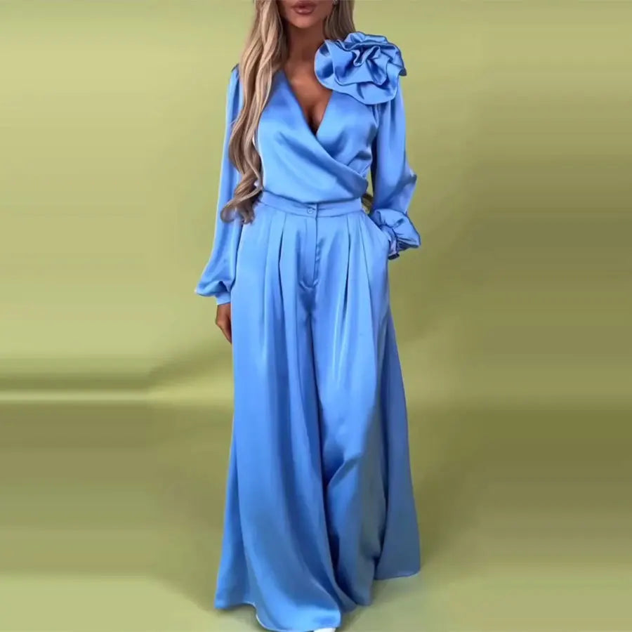 Women Pants Set Elegant 3d Flower Satin Suit For Women V Neck Blouse Wide Leg Casual Loose  Trousers Set Formal Commuting