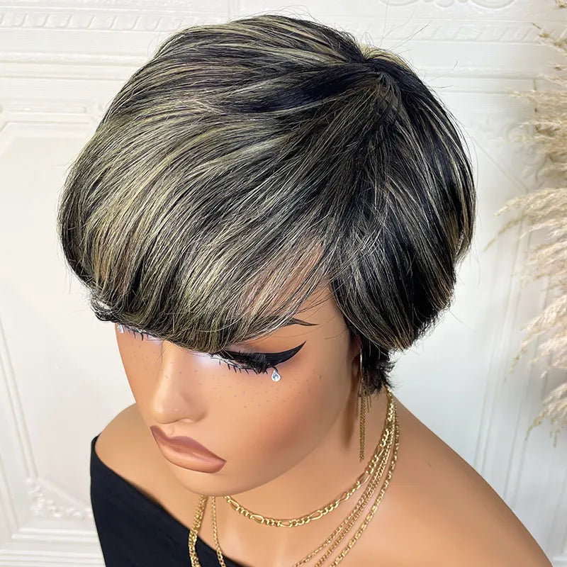 Short Straight Human Hair Wigs Highlight Color Brazilian Remy Hair Pixie Cut Wig Cheap Human Hair Machine Wig For Black Women