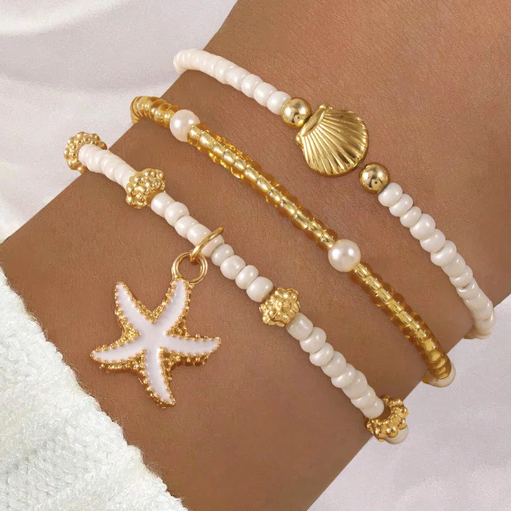 Juego de Pulseras de Cuentas de Estrellas de Mar y Conchas Bohemias para Mujer, Moda Verano Playa, Pulseras de Perlas Multicapa Apiladas, Regalos de Joyería para Fiestas