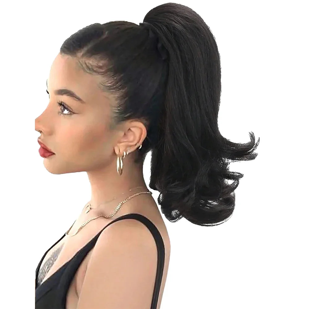 Synthetic 16" Nature Black Drawstring Yaki Straight Ponytail Hair Extensions Tail Warping Pieces for Black Women Daily Party Use