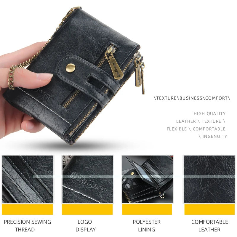Men's Luxury PU Leather Wallet - Short Chain Design Card Holder, Classic Retro Purse (High Quality Brand)
