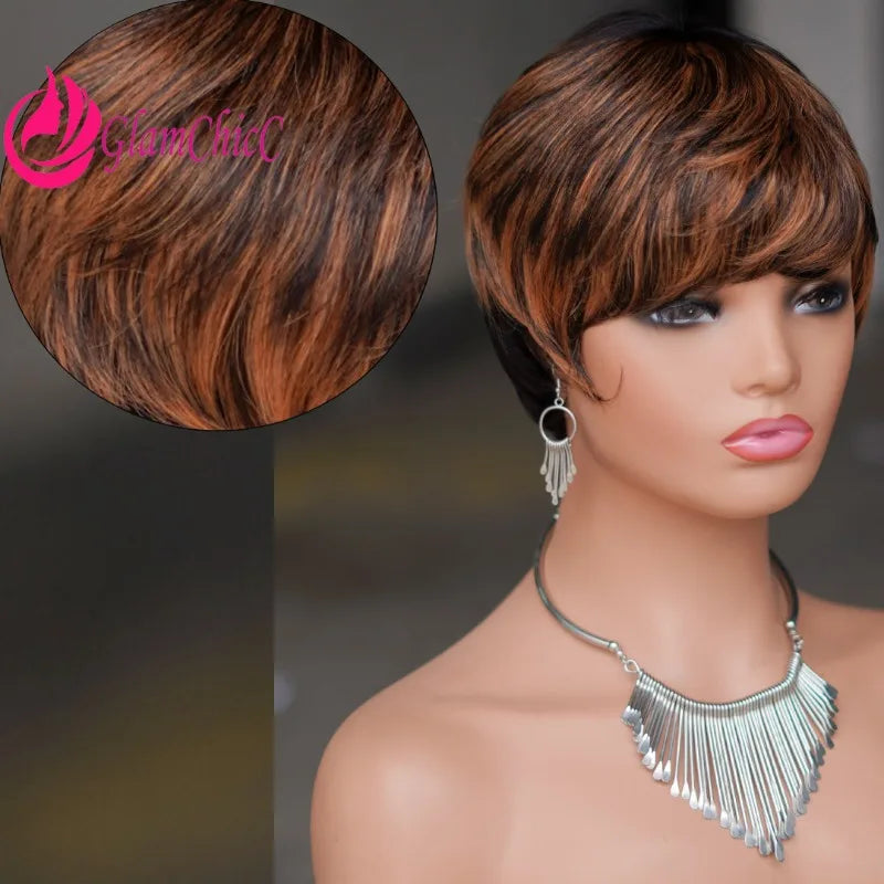 Premium Human Hair 4inches Short Straight Cut Pixie Wigs for Women 150% Density Brazilian Virgin Remy Hair Color 1B/30 Wigs