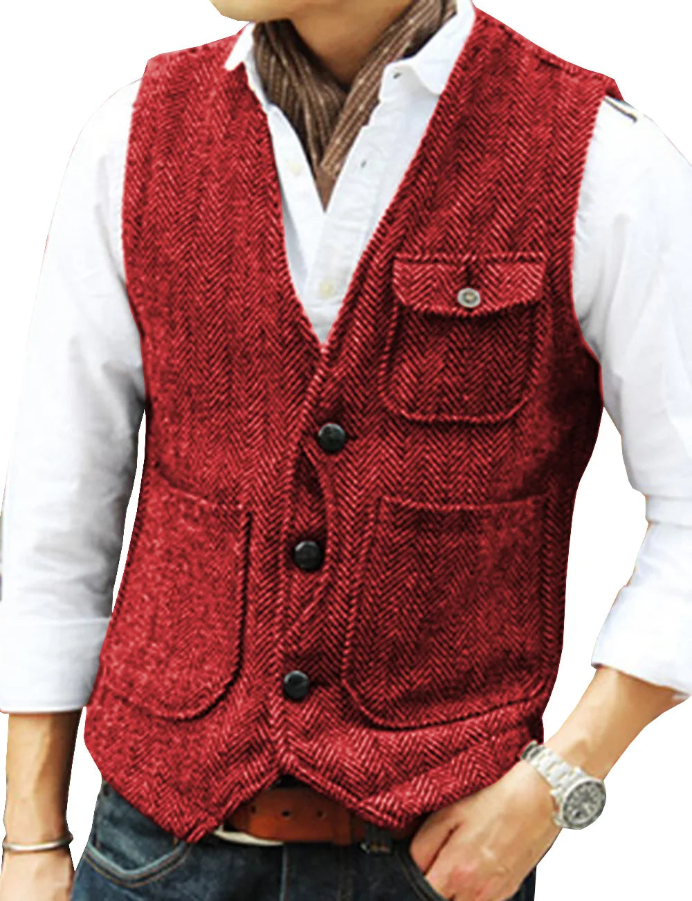 Vest Men's Casual Tooling Formal Herringbone Tweed Brown V Neck Wool Waistcoat Business Vest Groomsman For Wedding Prom