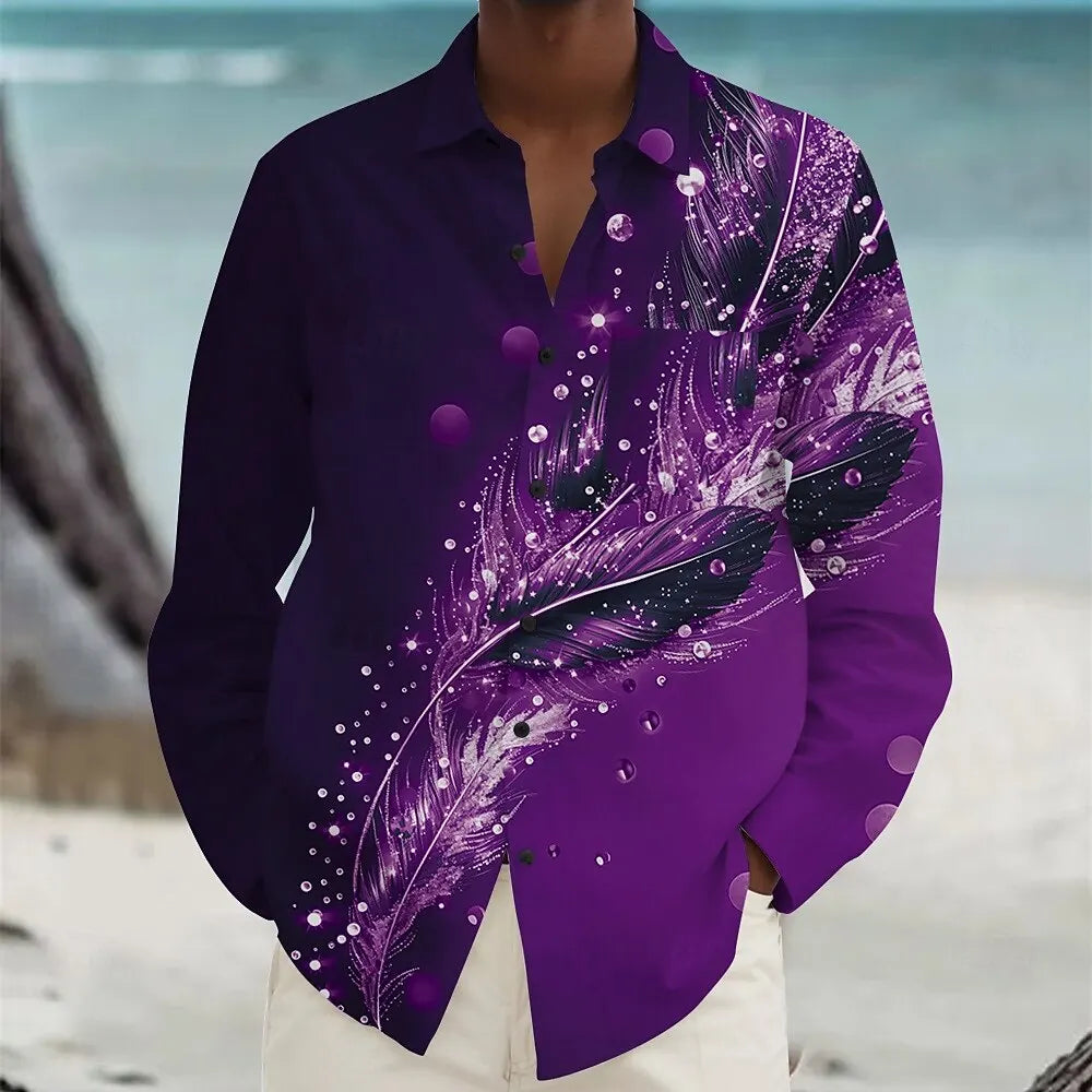 Men's Feather Summer Hawaiian Shirt Button Long Sleeve Shirt Casual Vacation Lapel Violet Teal Peacock Blue XS-6XL Fast Shipping